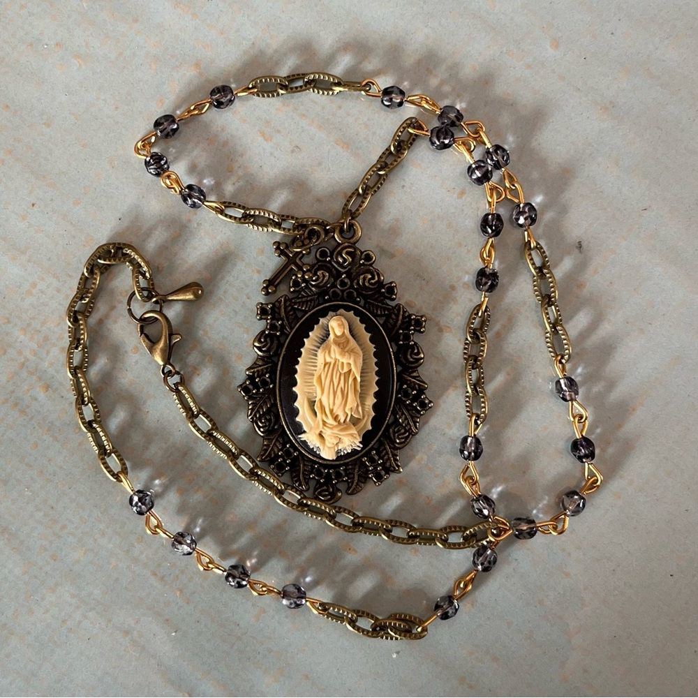Vintage Style Guadalupe Cameo Necklace/ Brass Austrian Crystal Chain